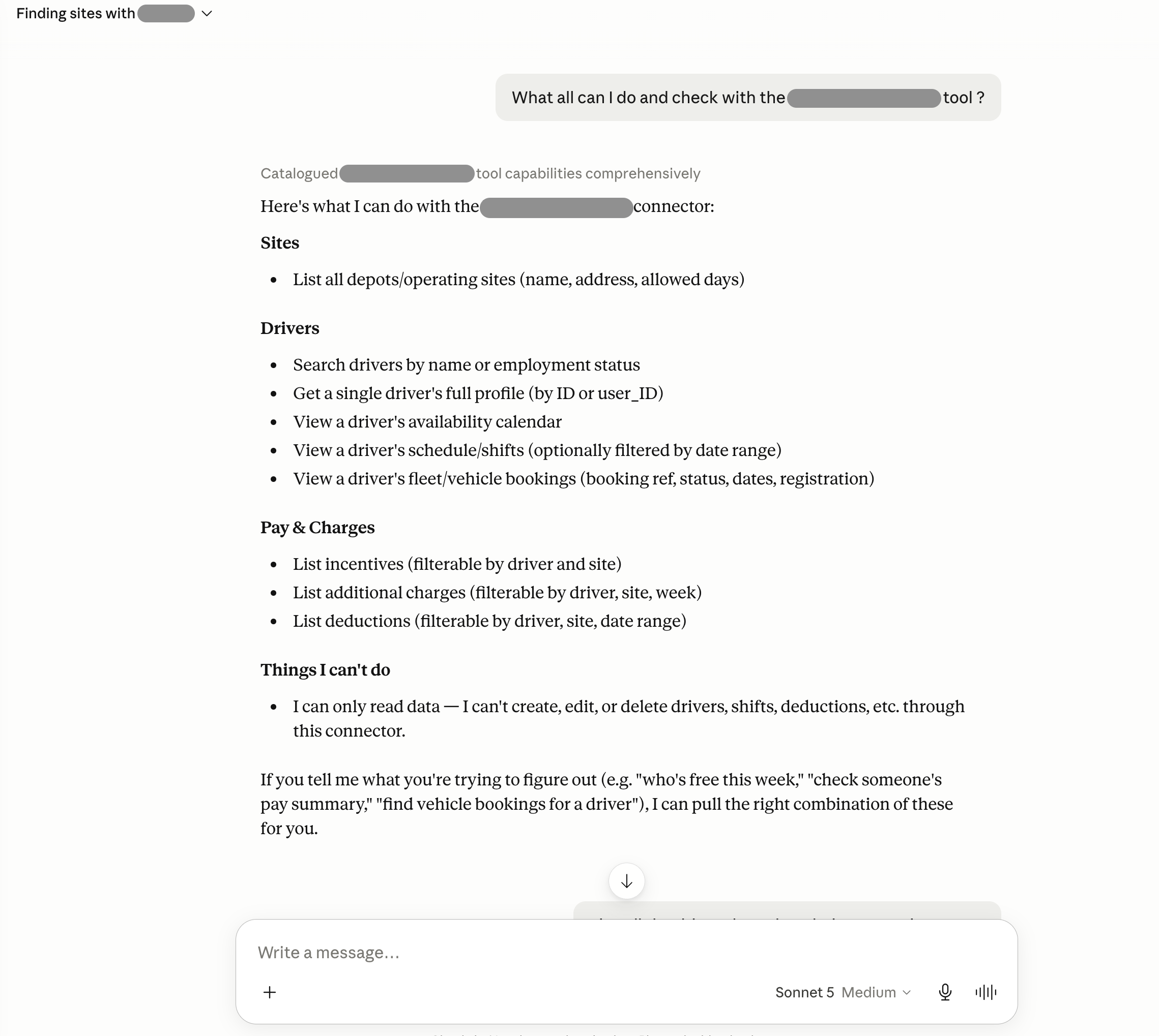 Claude in a normal chat calling a BizAlign tool and returning real data — the list of sites.