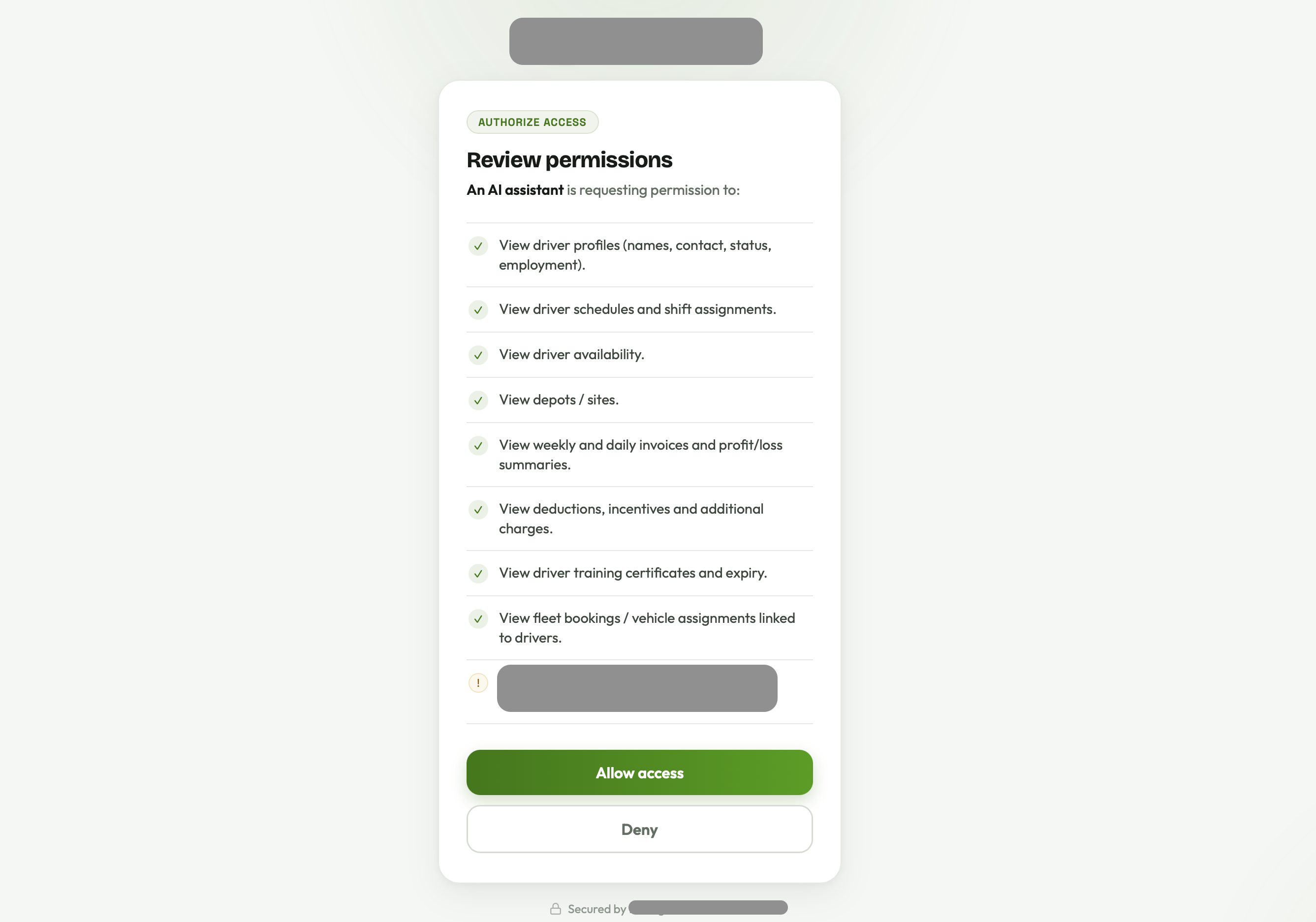 The OAuth consent screen the client sees — Connect to an AI assistant, company / email / password, then approve permissions.